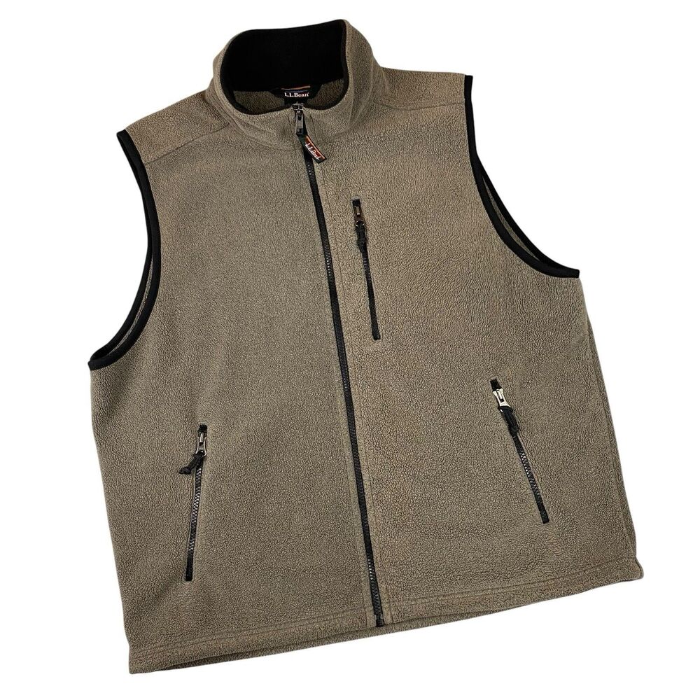 LL Bean Fleece Vest Mens L Regular Tan Full Zip Outdoor Hiking Pockets Trail